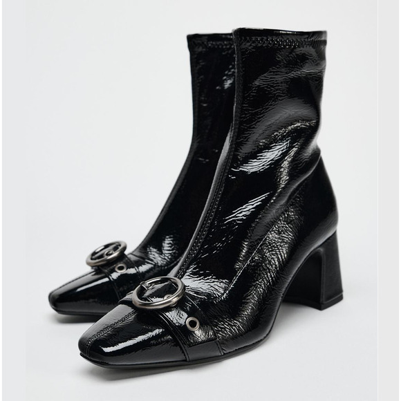 ZARA Buckled Ankle Boots NWT | Patent Faux Leather Block Heel Size 10 - Picture 4 of 12